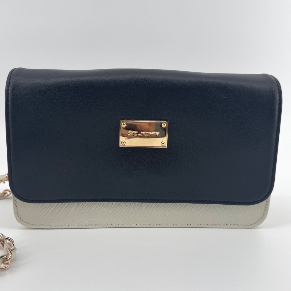 ST JOHN Black Cream Leather Removable Chain strap Crossbody Handbag Clutch Purse